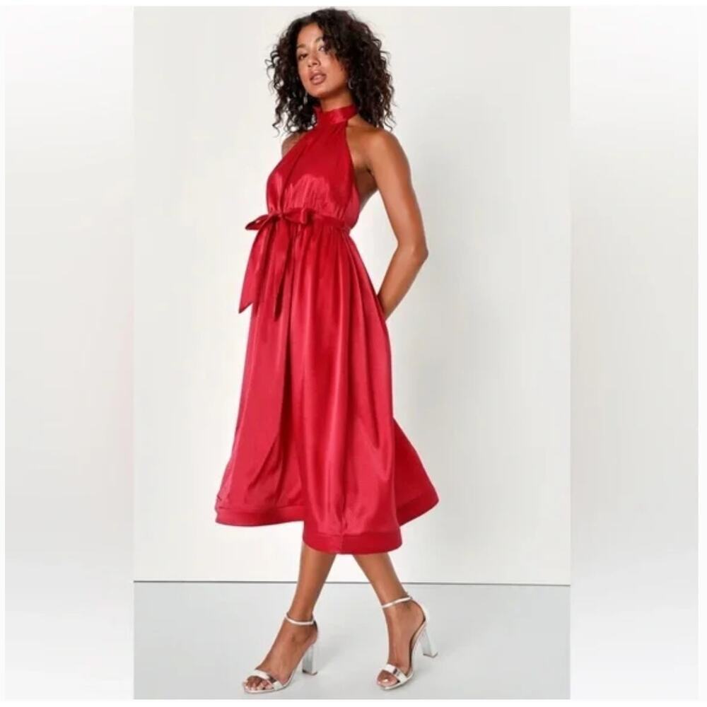 Lulus Effortless Grace Backless Halter Neck Midi Dress Wine Red NWOT Sm